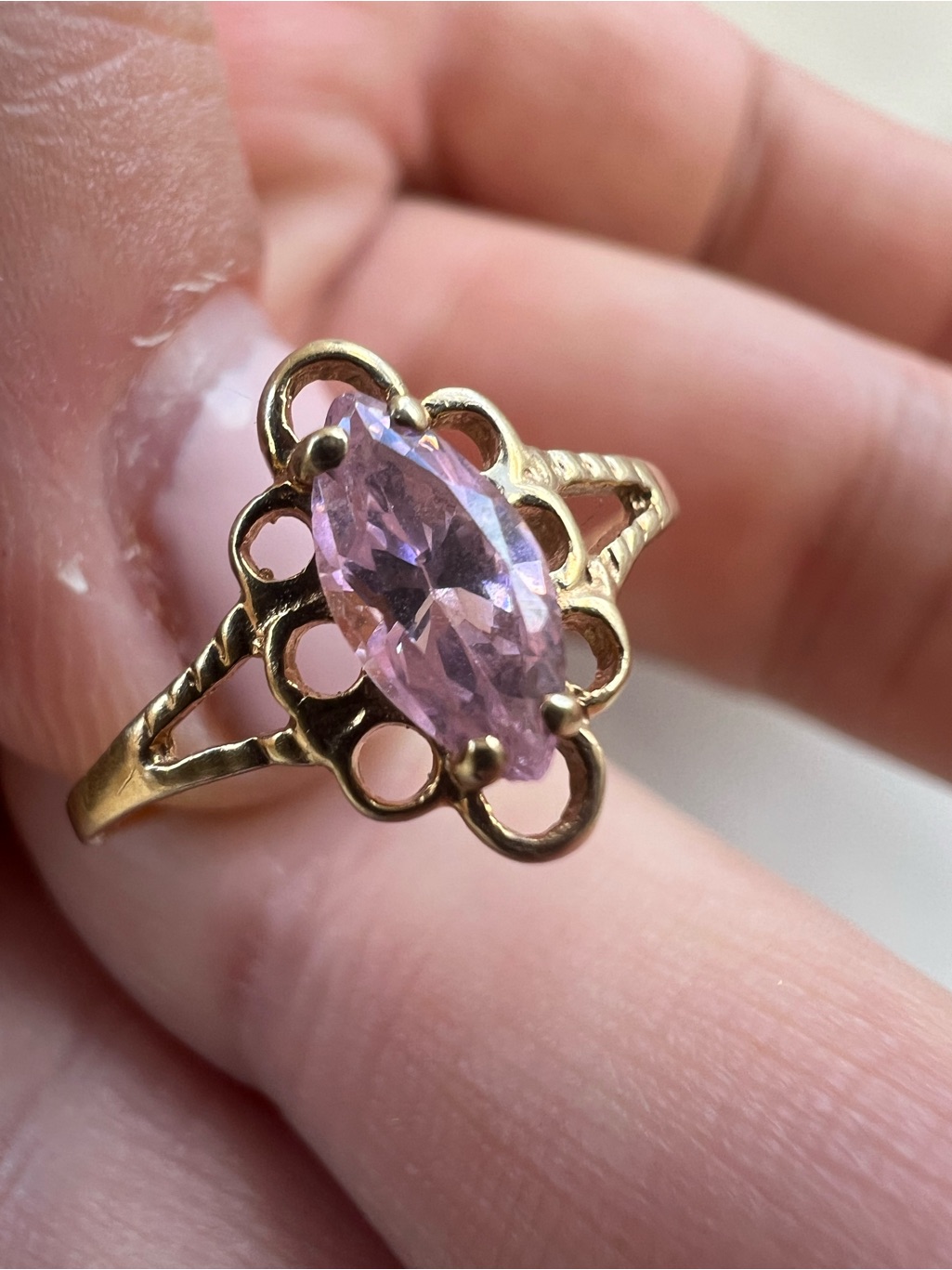 Delicate 14k Gold Pink Marquise Stone Floral Ring